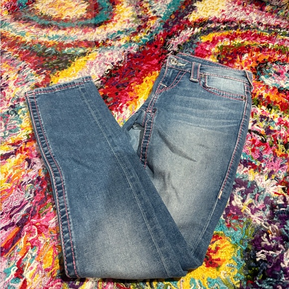 True Religion Medium Wash Women's Denim Jeans w/ Pink Stitching - Picture 1 of 5